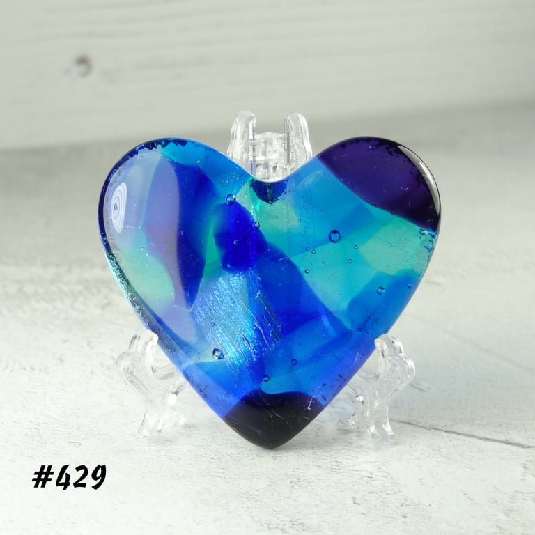 Blue fused glass heart pocket hug with stand 5x4.5cm, handcrafted (429)