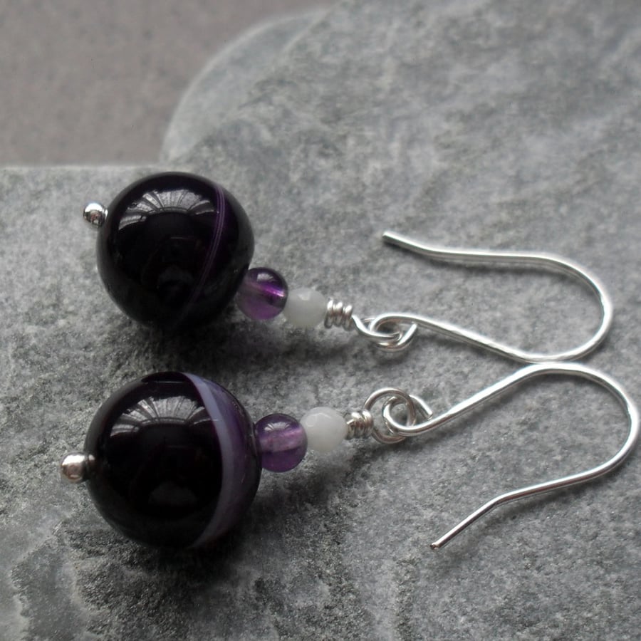 Argentium Silver With Agate Amethyst and Amazonite Earrings
