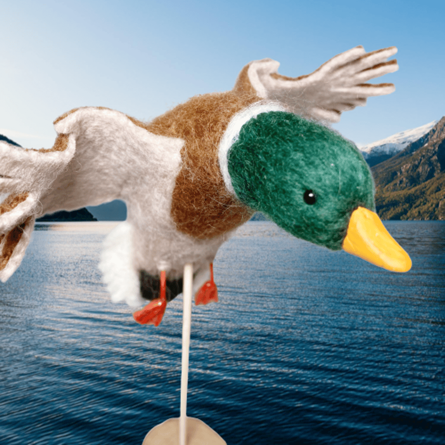 Small needle felted mallard - coming in to land