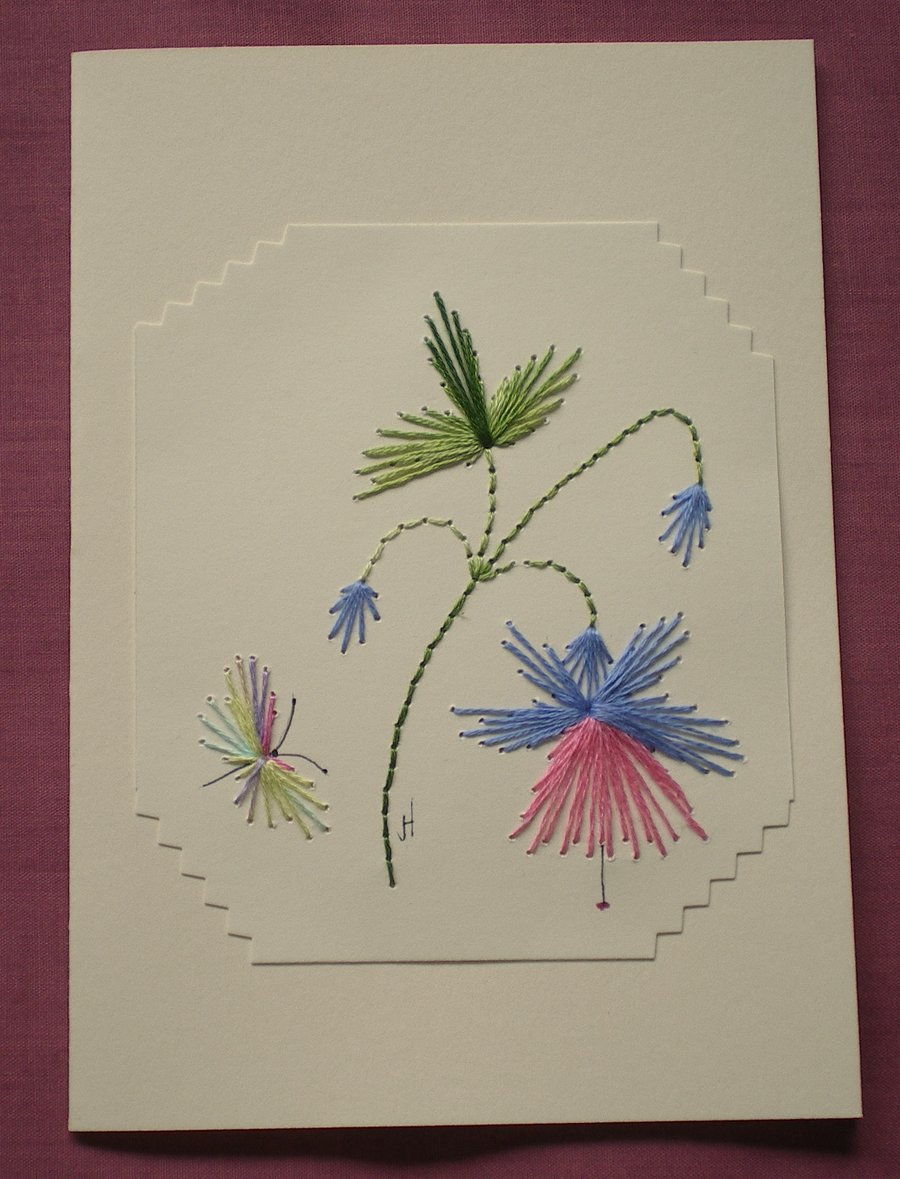 Fuchsia,Embroidered card,Hand embroidery, Floral and butterfly, left blank, R 38