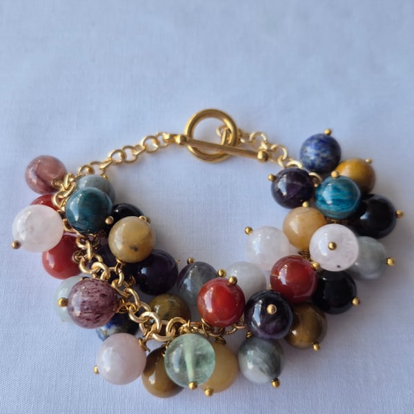 Multi coloured and multi gemstone bubble bracelet on gold coloured chain