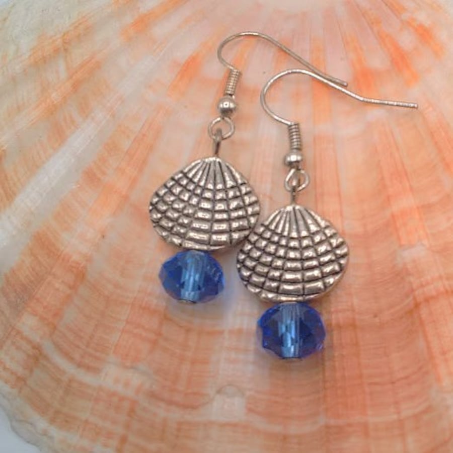 Silver Clam Shell and Blue Crystal Earrings, Gift for Her, Shell Charm Earrings