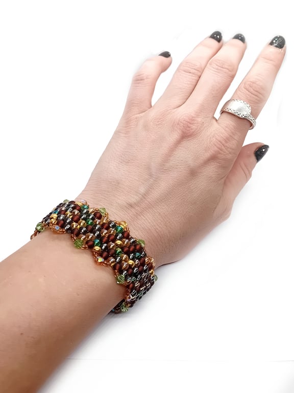 Earthy brown green and gold beaded gem cuff bracelet