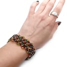 Earthy brown green and gold beaded gem cuff bracelet