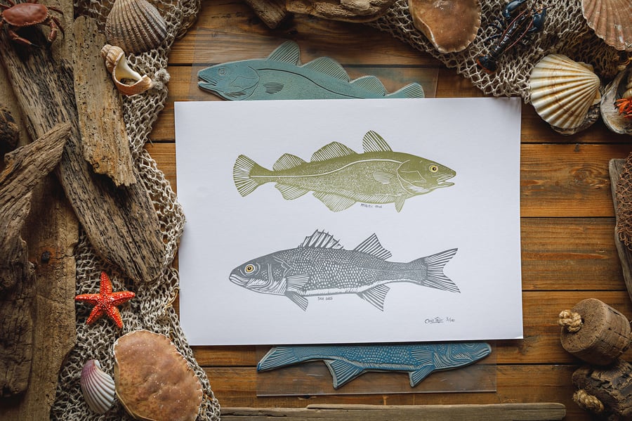 Cod & Bass - original linocut print - A3