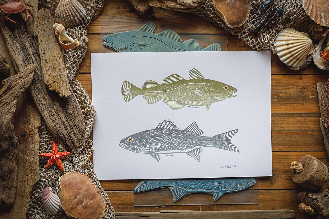 Cod & Bass - original linocut print - A3