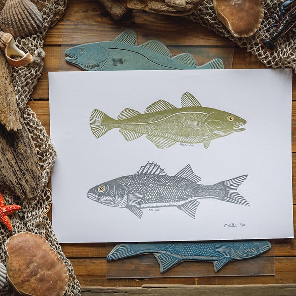 Cod & Bass - original linocut print - A3