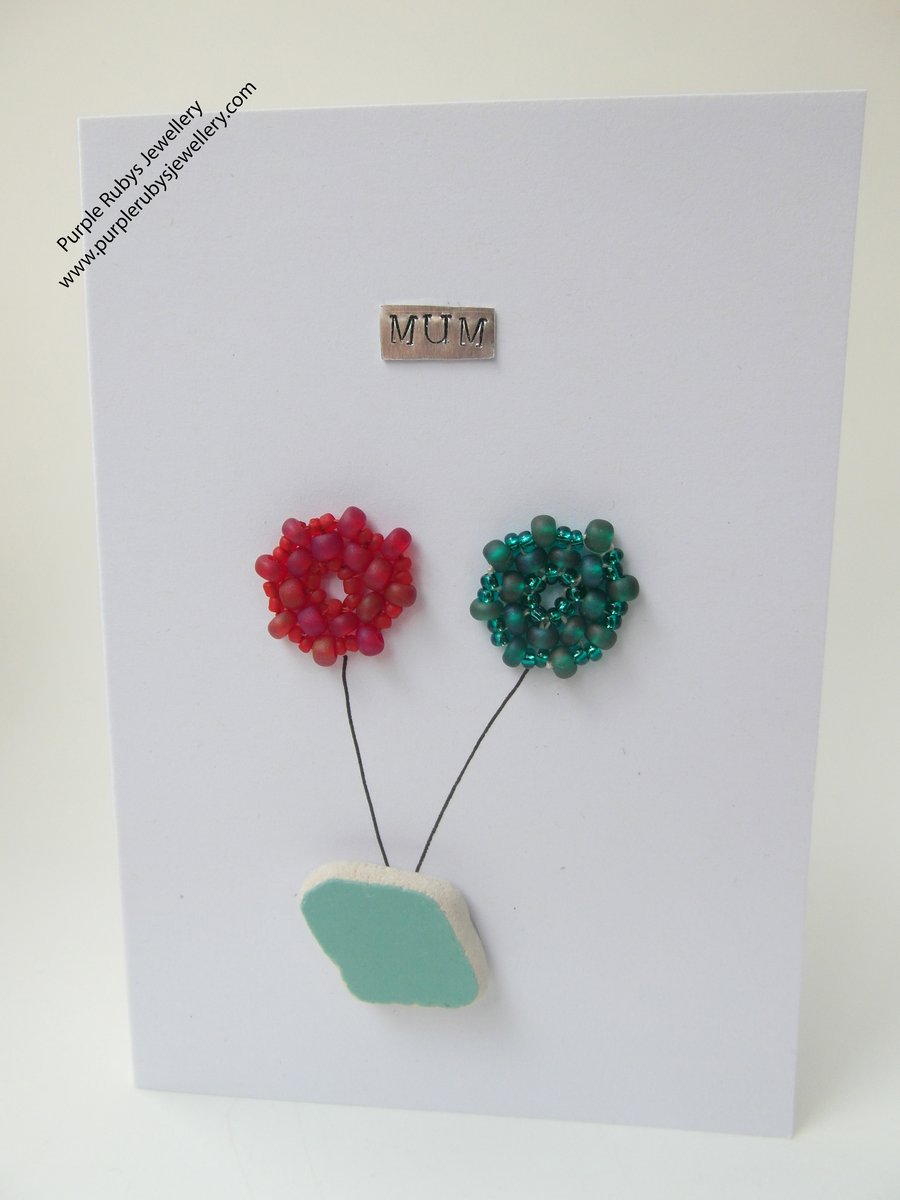 Mum Sea Pottery and Beaded Flowers Mothers Day Card C056