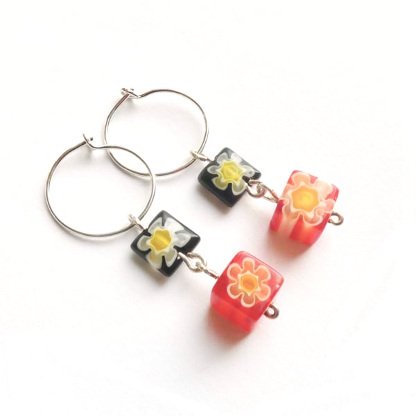 Black and Orange Millefiori Glass Bead Earrings 