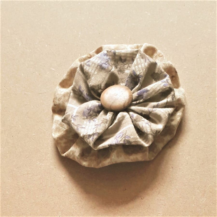 Fabric Button Brooch - Beige and Blue with Wooden Button