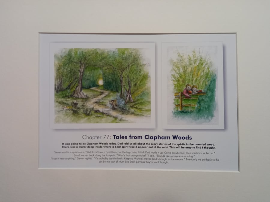 Original hand painted watercolour print of Clapham Woods with a short story.