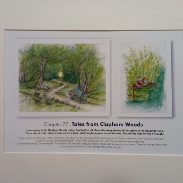 Original hand painted watercolour print of Clapham Woods with a short story.