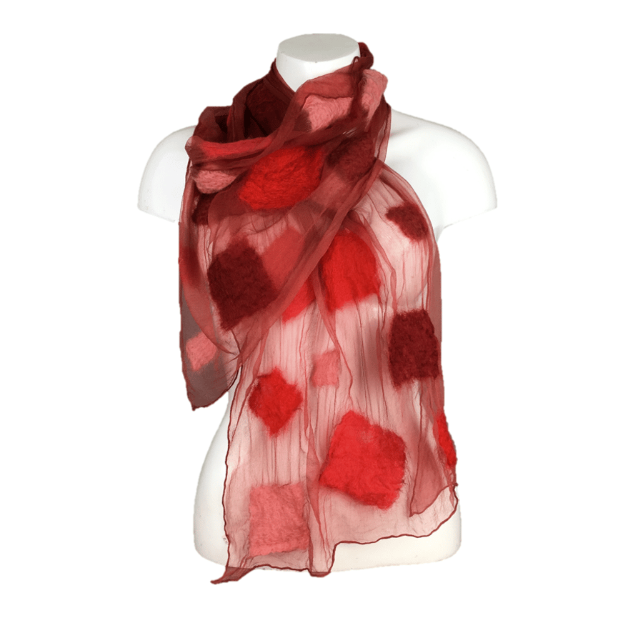 Red silk chiffon scarf with nuno felted merino wool squares