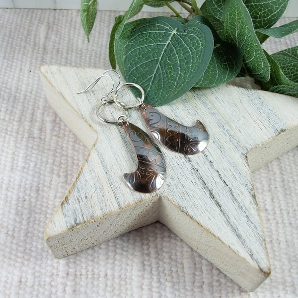 Earrings, Sterling Silver and Copper Long Curved Shape Dropper Earrings