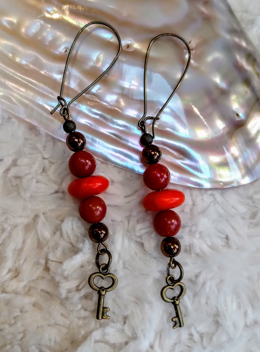 Coral, red Agate beads with BRONZE key charm EARRINGS