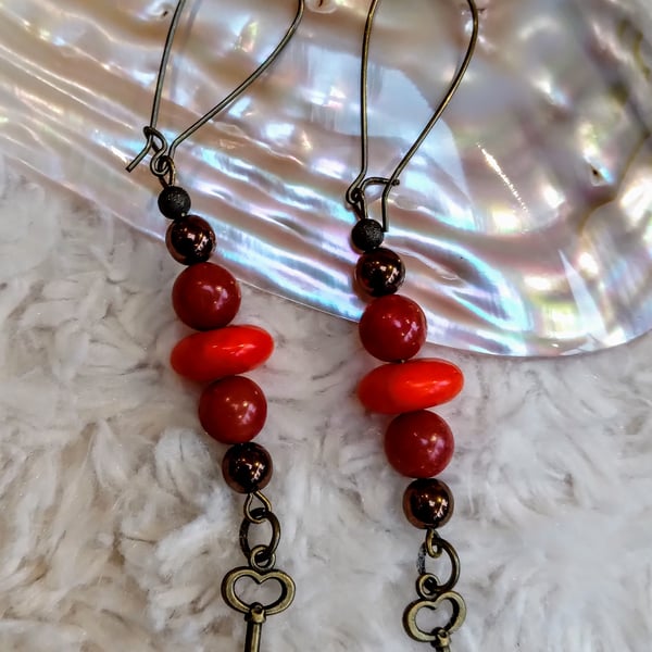 Coral, red Agate beads with BRONZE key charm EARRINGS