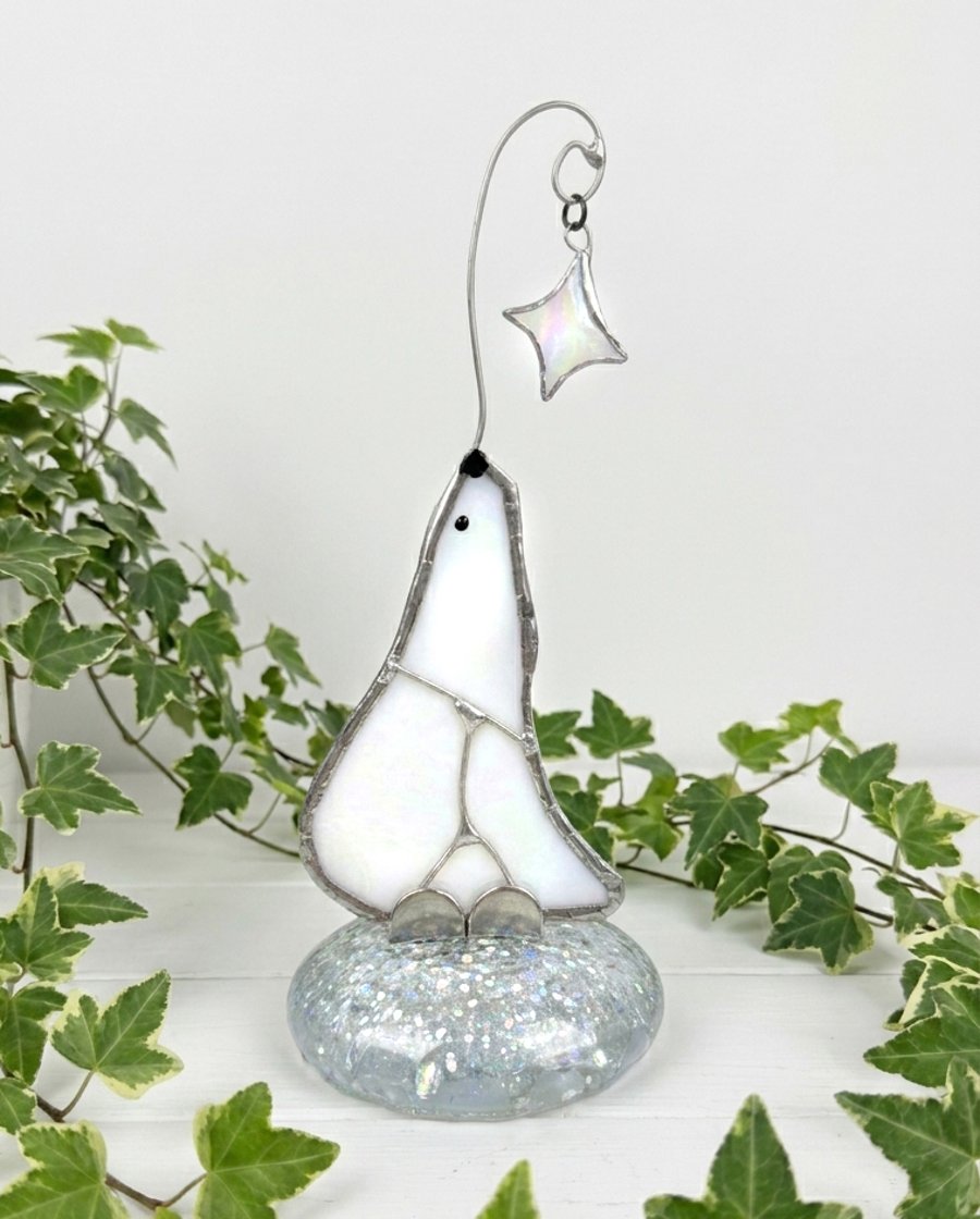Pensive Polar Bear Stained Glass Art Ornament