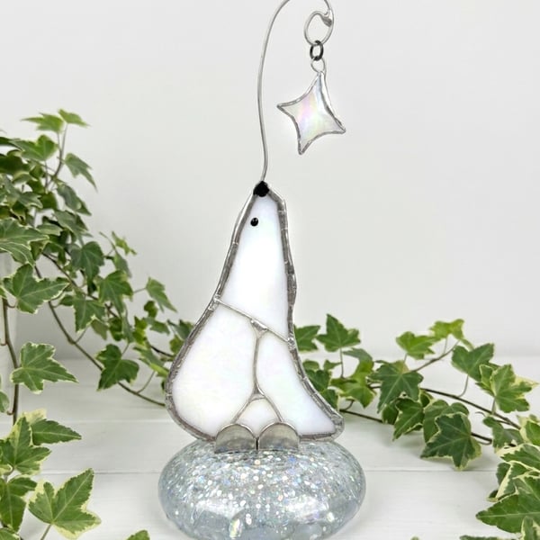 Pensive Polar Bear Stained Glass Art Ornament