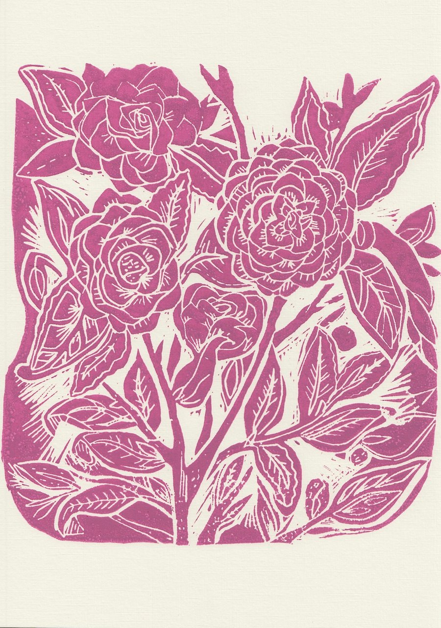 A4 Pink Linocut Flower Print