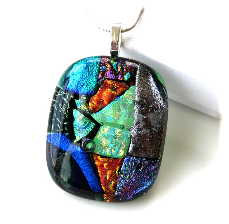 Dichroic Glass S013 Supersize Patchwork 3-layer Pendant with Silver Plated chain