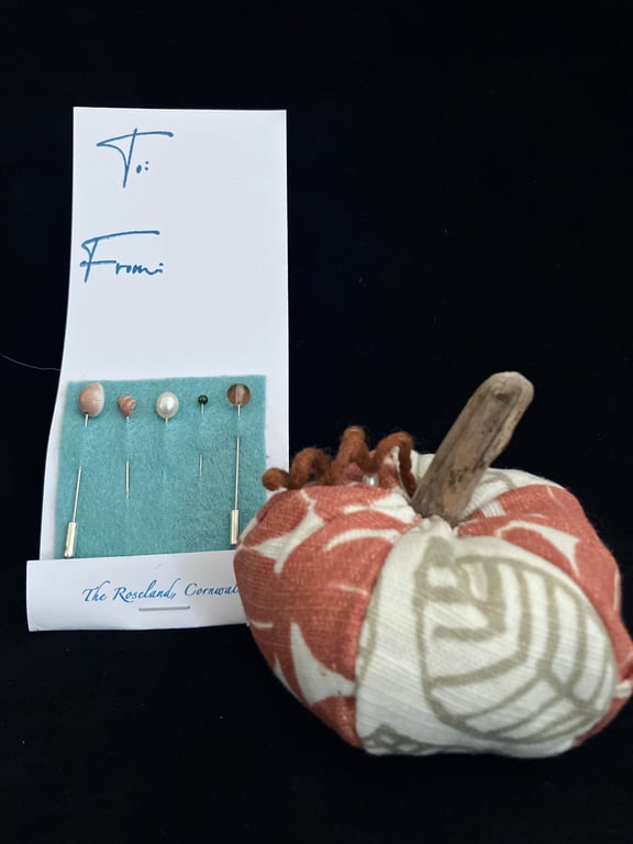 Pumpkin Pin Cushion plus, one pack of Tidal Treasure Pins 