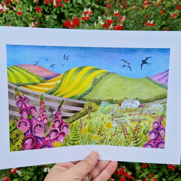 Foxgloves and rolling hills, print from original artwork. A3, A4, A5 available. 