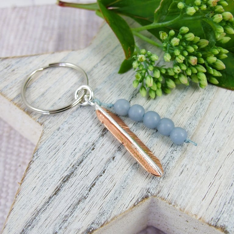 Feather Bag Charm, Copper and Sterling Silver with Blue Angelite Gemstones