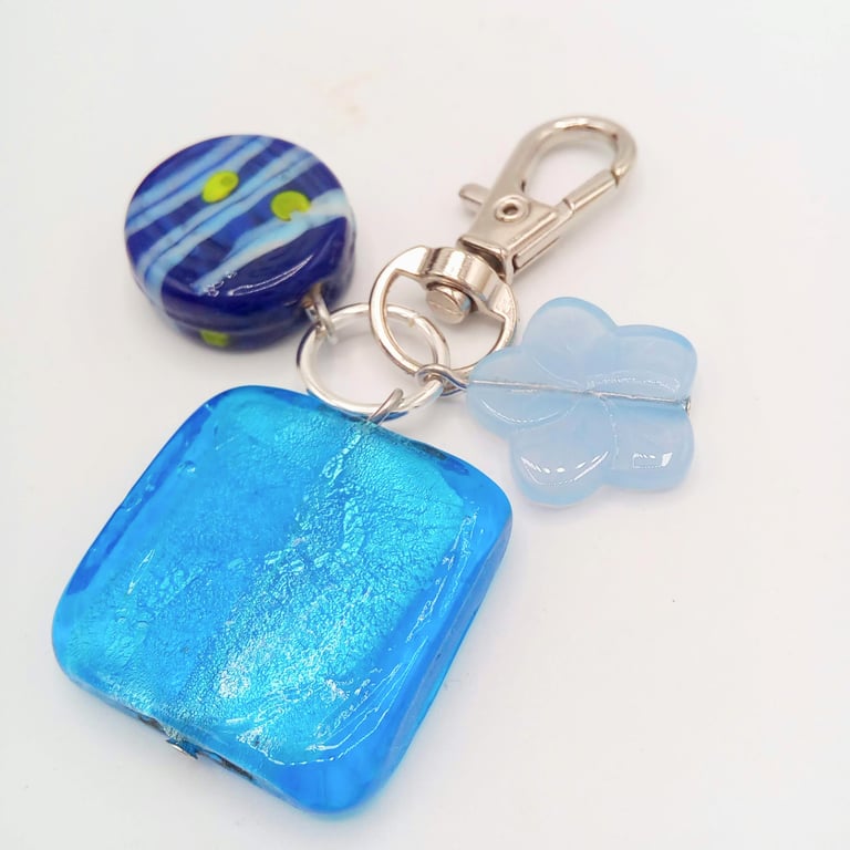 Blue Square Flower and Blue Lampwork Bead Bag Charm, Gift for Her, Teachers Gift