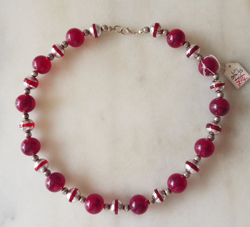 Dark Red Marbled beads with Striped Silver Beaded Necklace - Summer Seconds