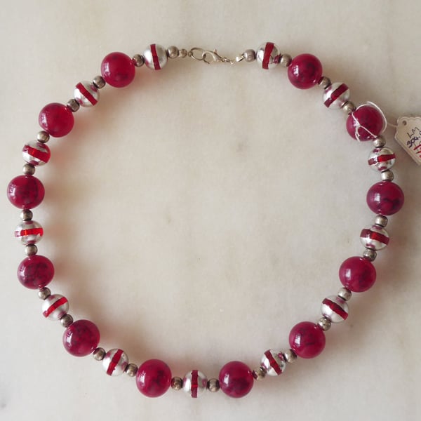 Dark Red Marbled beads with Striped Silver Beaded Necklace - Summer Seconds