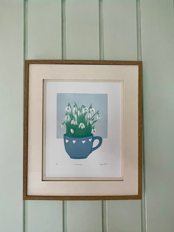 Snowdrops original reduction Lino print