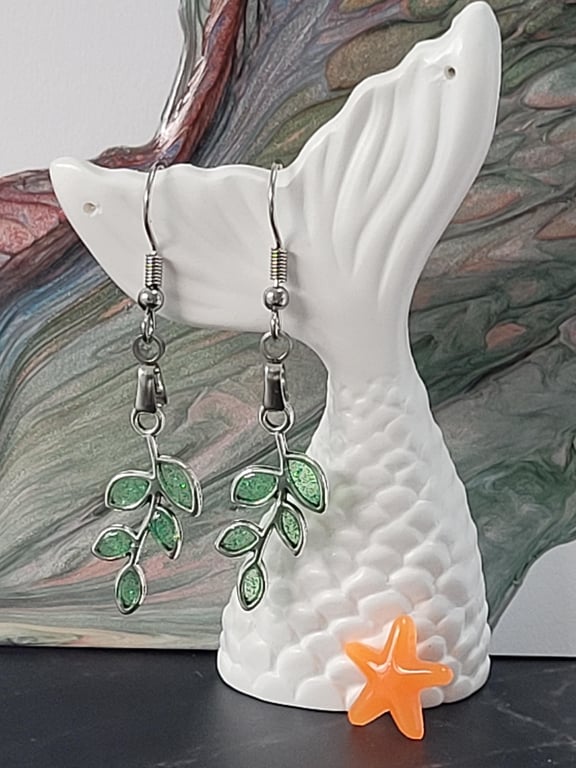 Small Dangle Leaf Earrings Filled With Green or Grey Ombre Resin