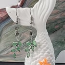 Small Dangle Leaf Earrings Filled With Green or Grey Ombre Resin