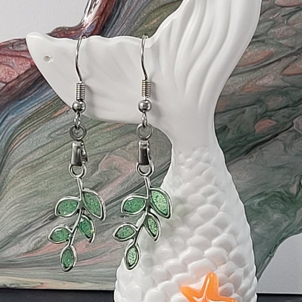 Small Dangle Leaf Earrings Filled With Green or Grey Ombre Resin