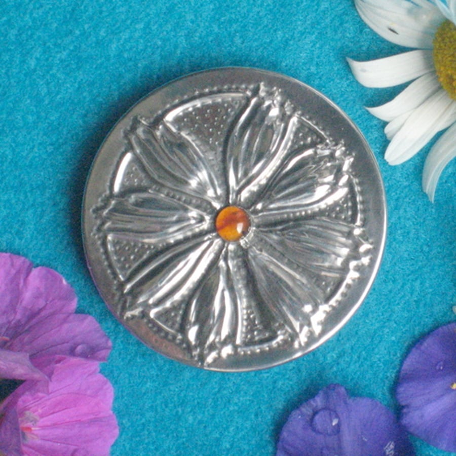 REDUCED! Cosmos flower amber brooch in pewter