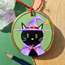 Black cat witch art, Halloween decoration, Black cat painting, Black cat gift