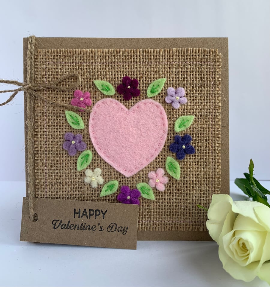 Handmade Valentines card. Pale pink heart and flowers, wool felt. Keepsake card.