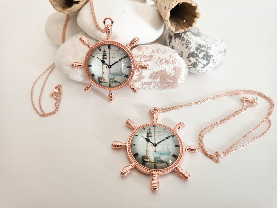 Rose Gold Necklace with Boat Wheel and Lighthouse Vintage Picture Pendant