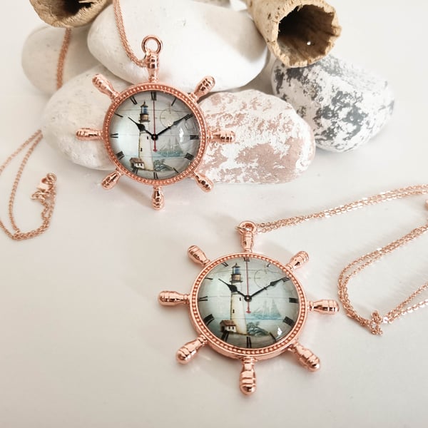 Rose Gold Necklace with Boat Wheel and Lighthouse Vintage Picture Pendant