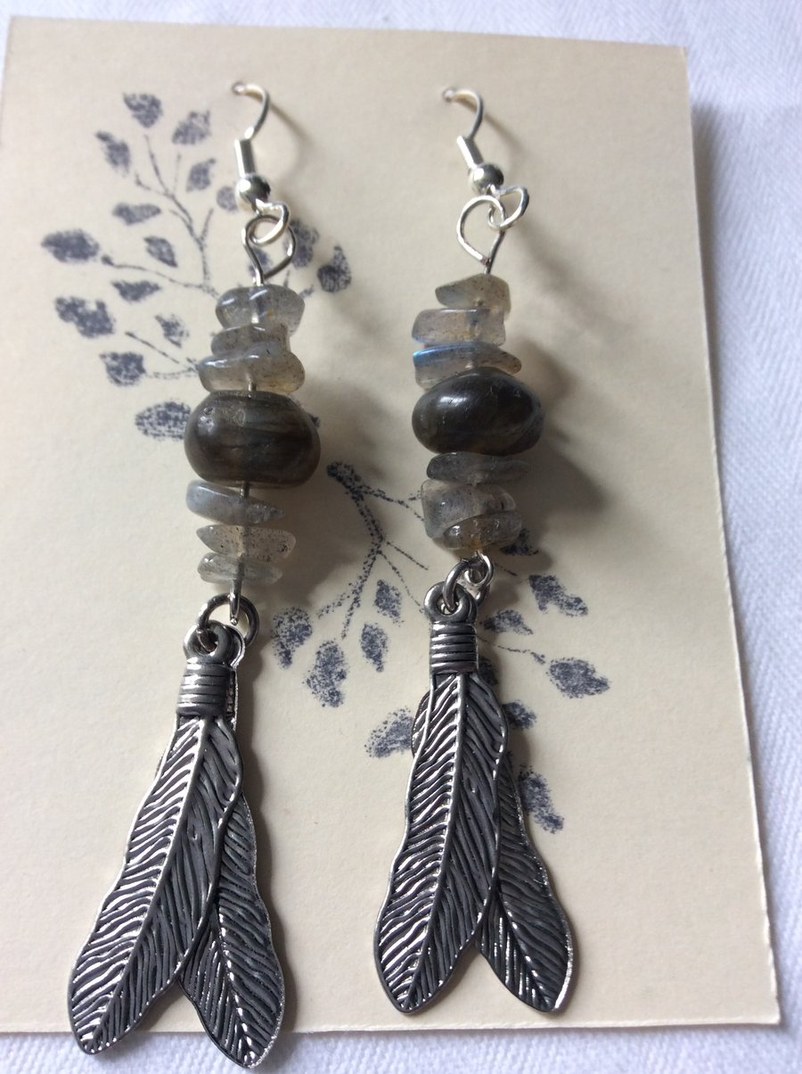 Labradorite and feather earrings 