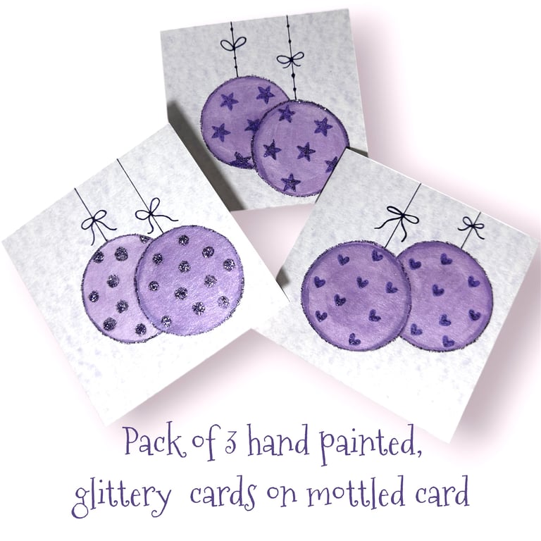 Pack of 3 Christmas cards, handpainted, glittery purple baubles on mottled card