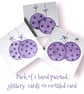 Pack of 3 Christmas cards, handpainted, glittery purple baubles on mottled card