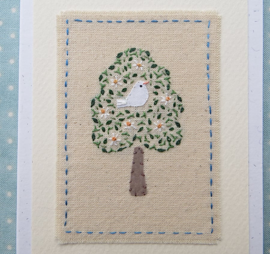 Bird in a Tree hand embroidered card delicate detailed work - a card to keep!