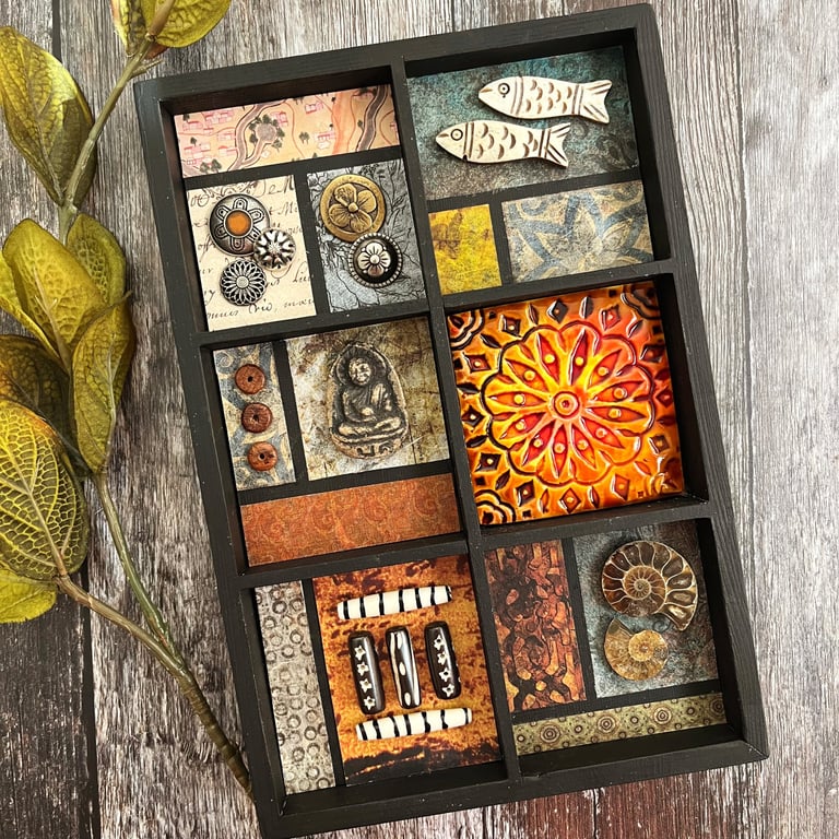 Mixed media assemblage, boho home decor, cabinet of curiosities, new home gift