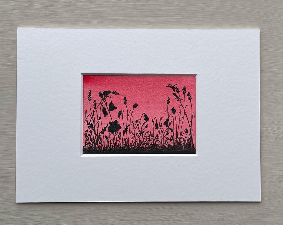 ACEO red watercolour & ink pen silhouette of grasses, seedheads and poppies.