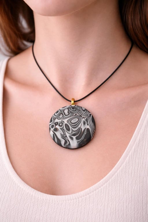 Handmade Polymer Clay Pendant Necklace, 40mm Artisan Boho Jewelry