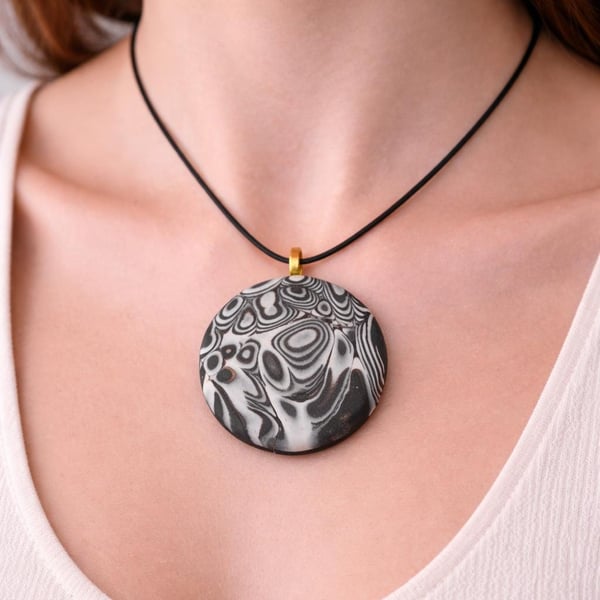 Handmade Polymer Clay Pendant Necklace, 40mm Artisan Boho Jewelry