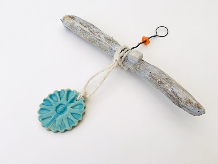 Driftwood wall hanger, clay charm, gift idea, birthday, unique pottery 
