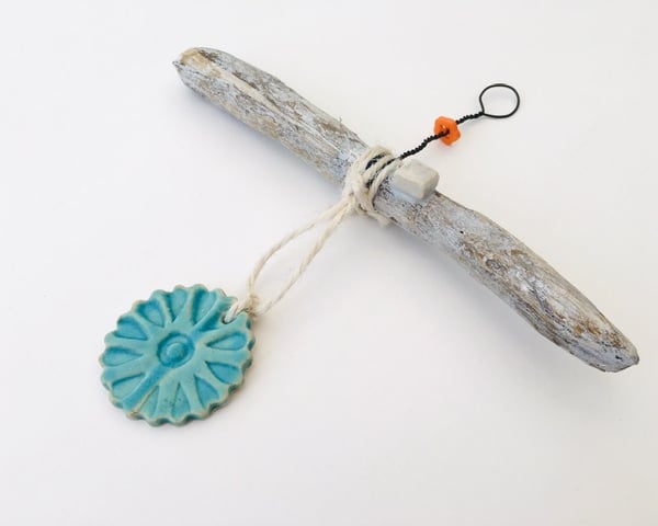 Driftwood wall hanger, clay charm, gift idea, birthday, unique pottery 