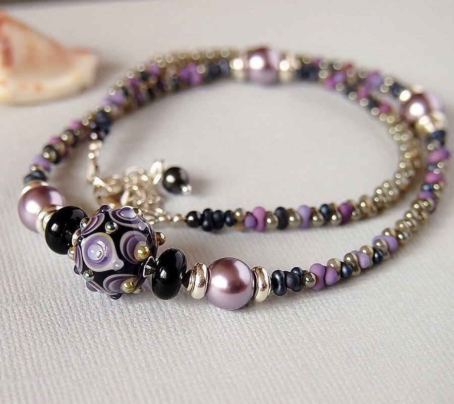 Grey Mauve Lampwork Beaded Necklace, Pearl, Sterling Silver